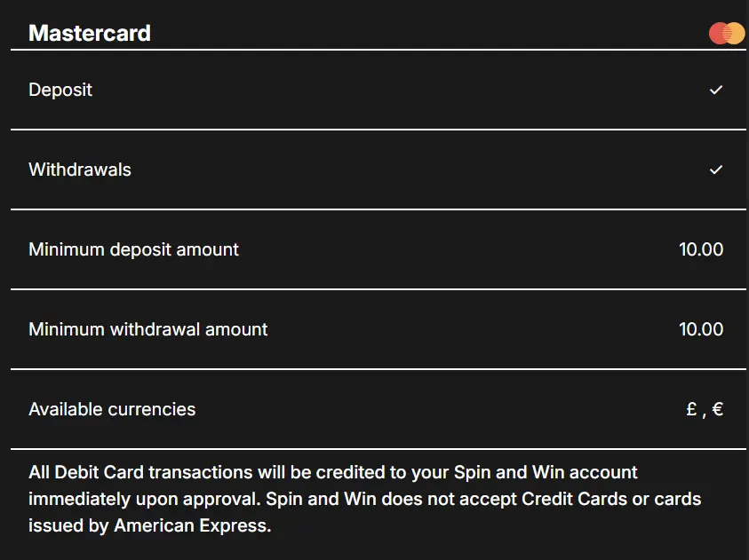 Spin and Win Deposit with Mastercard