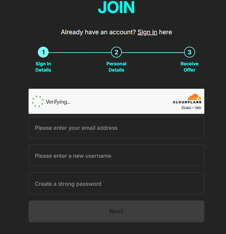 Registration at SpinAndWin