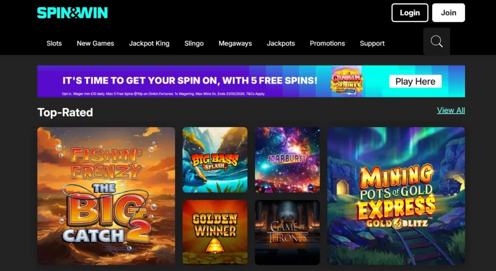 Main Page of Spin and Win Casino
